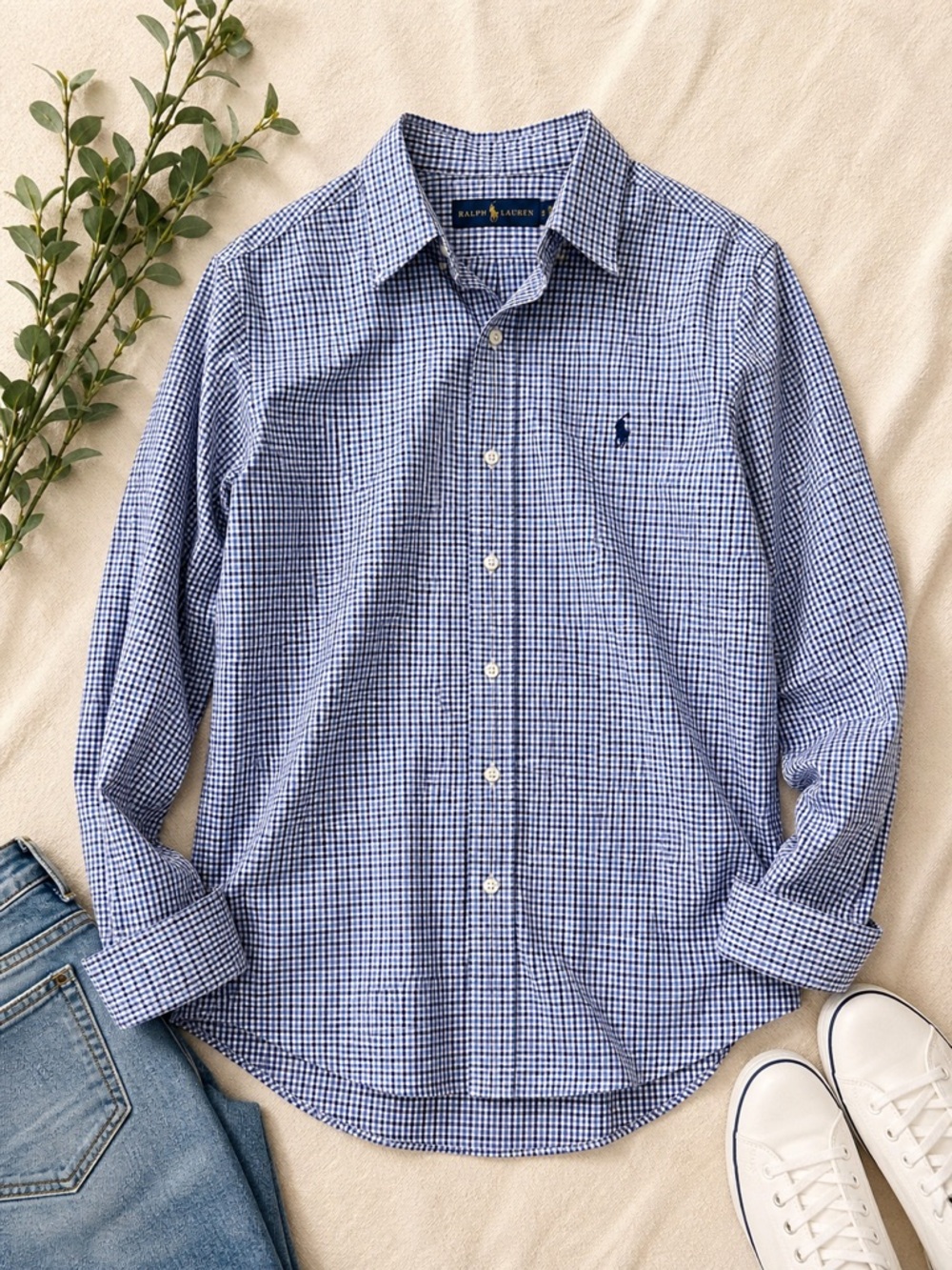 Polo Ralph Lauren Button Down Shirt Blue Check Long Sleeve Size L